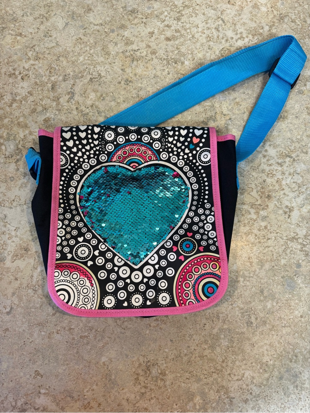 Girls Sequin Heart Crossbody Bag - Black with Turquoise and Pink Trim